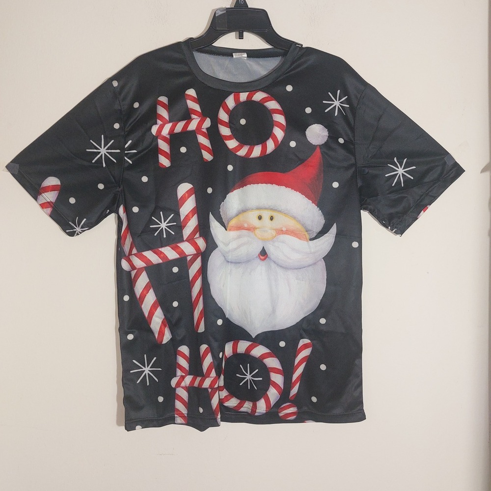 NWOT Mens Christmas Santa Claus Ho Ho Ho Candy Cane Print Black T Shirt Size L